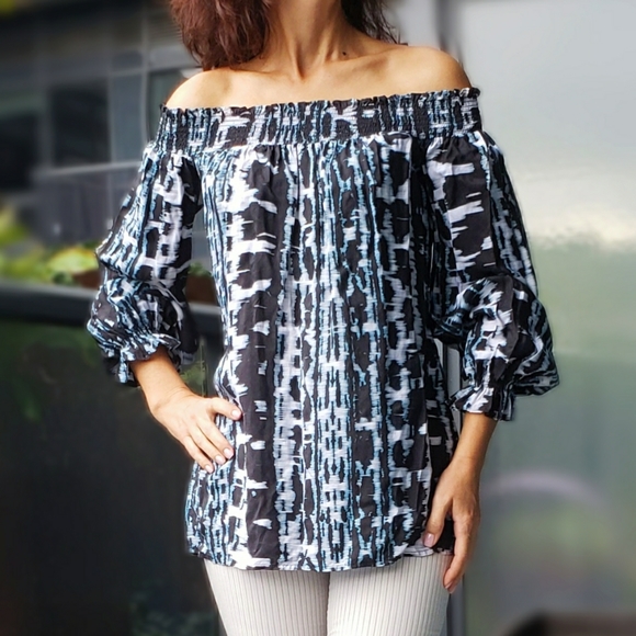 NEW Guess by Marciano tie-dye off shoulder silk top - Picture 3 of 7